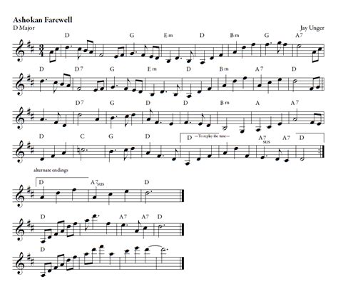 Ashokan farewell - Ashokan Farewell sheet music by Jay Ungar arranged for Violin or Piano Accompaniment. Solo & Accompaniment, and Instrumental Parts in D Major.